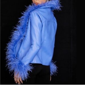 House of CB Salome Vegan Leather and Genuine Ostrich Feather Trim Jacket
